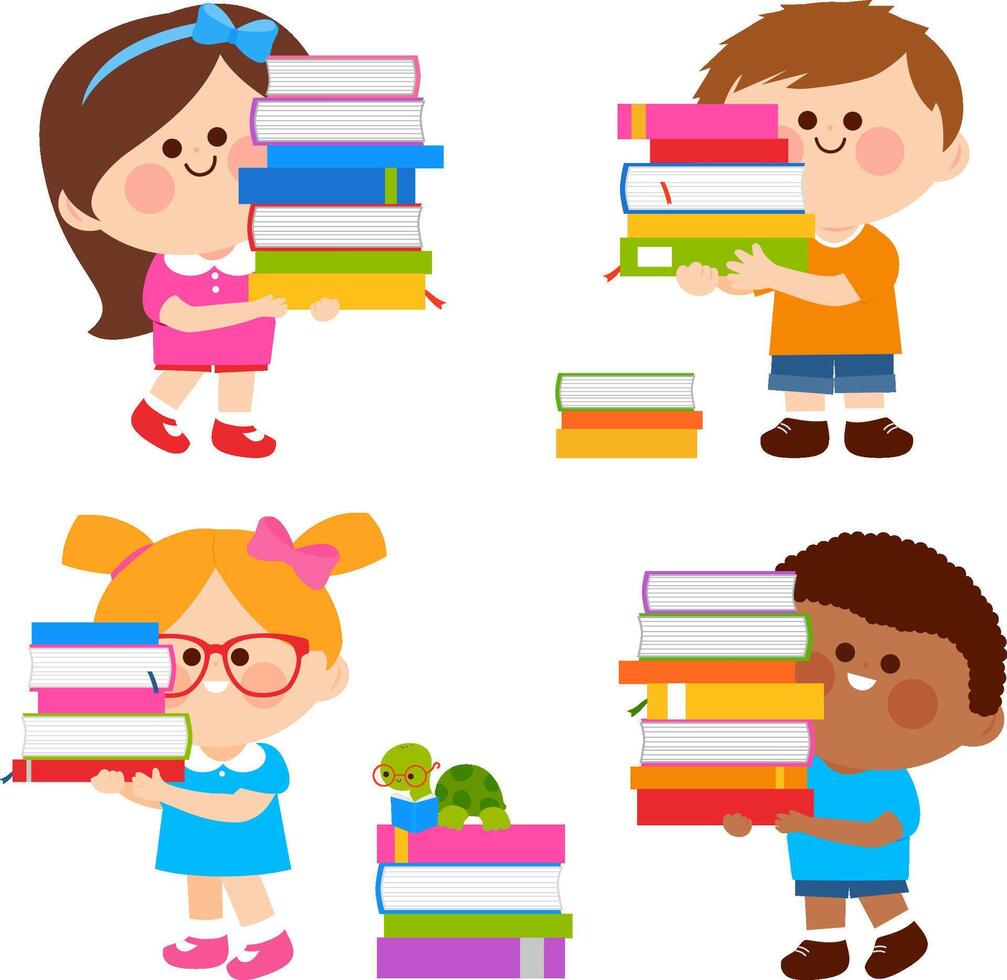 Diverse group of children carrying big piles of books. Happy smart girls and boys learning lesson in class. Kids at the school library read many books, doing homework. vector