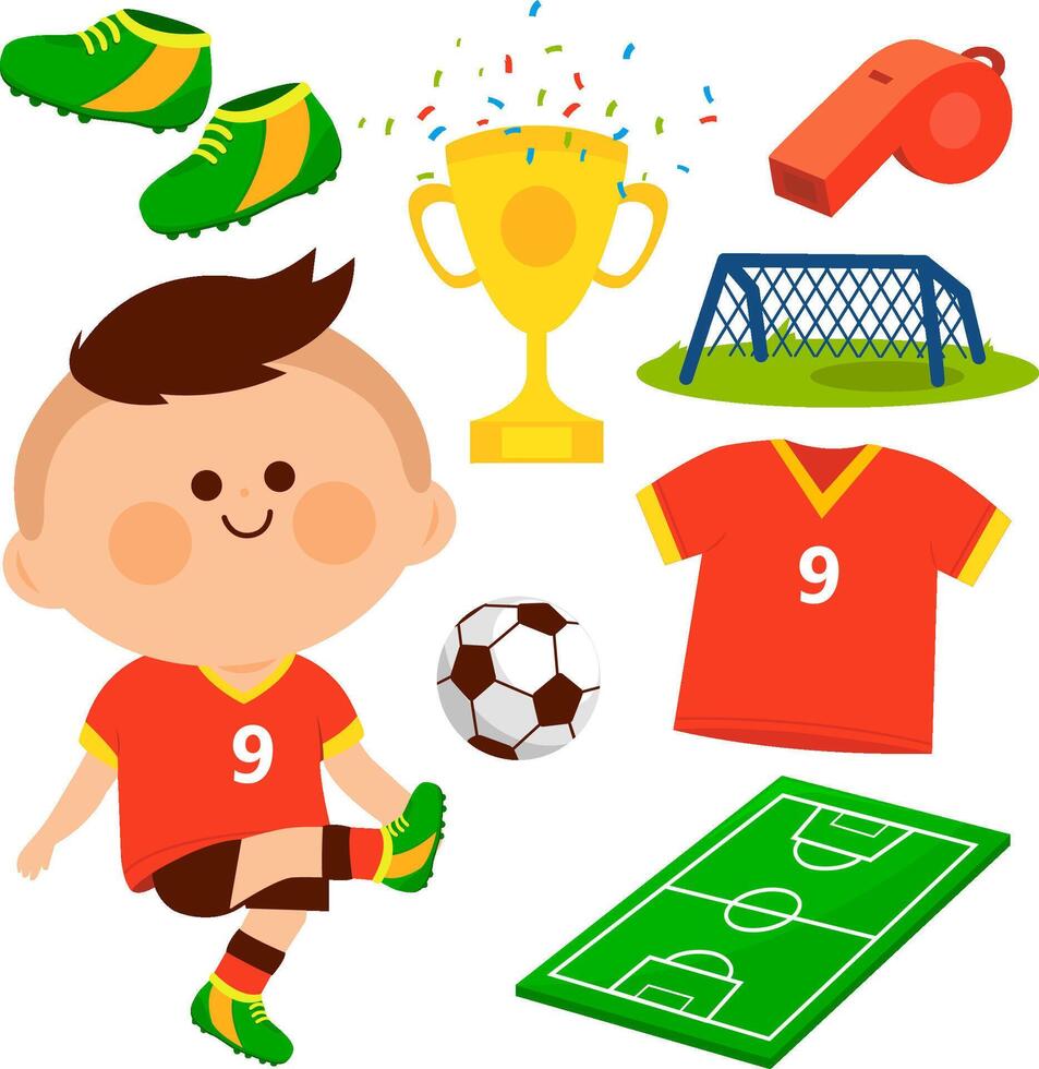 Little boy playing soccer. Child soccer ball athlete football player set. vector