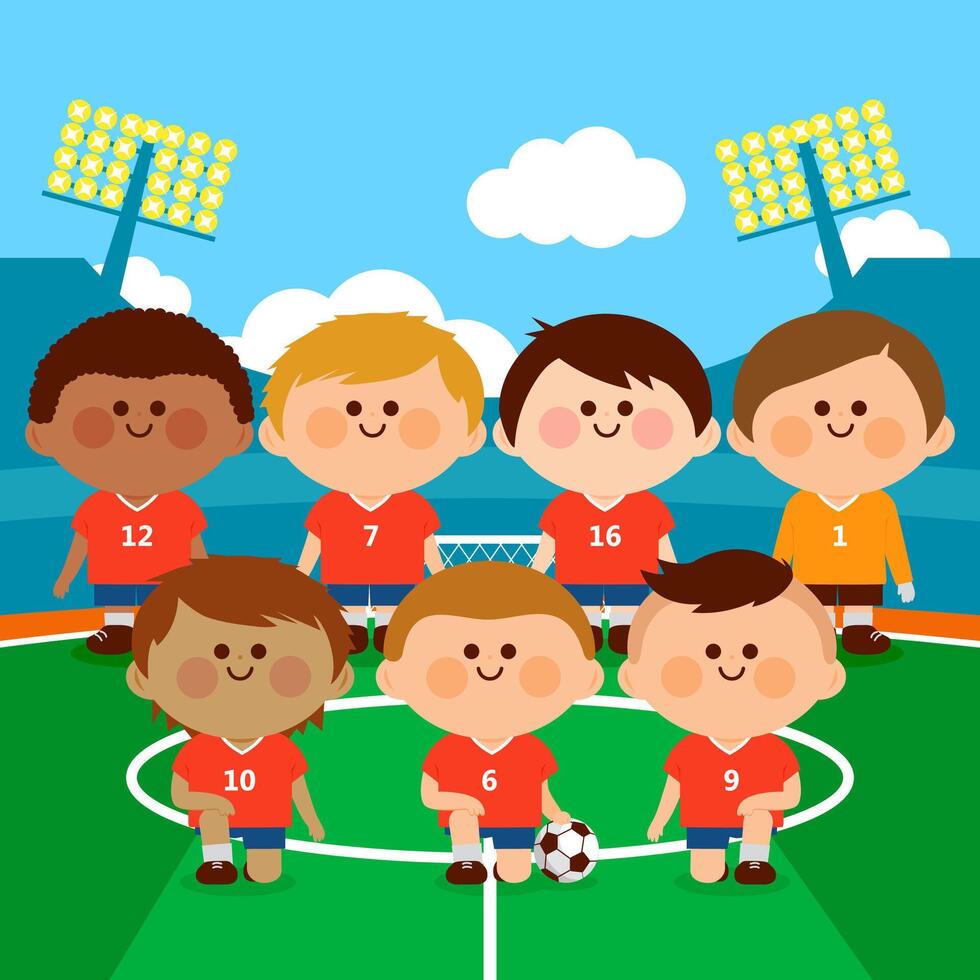Team of boys children soccer players at a football stadium. Happy kids athletes with soccer uniforms in the football field. vector