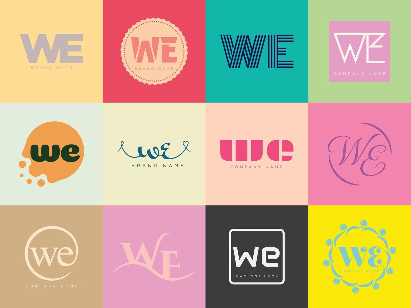 WE logo template. Letter w and e logotype. Set different classic serif lettering and modern bold text with design elements. Initial font typography. vector