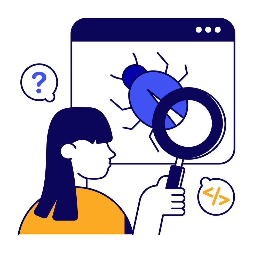 Virus under magnifying glass, debugging flat design vector