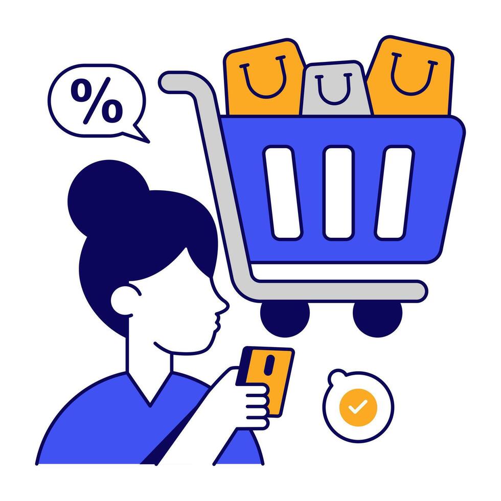 Shopping flat outlines cart icon, editable vectors