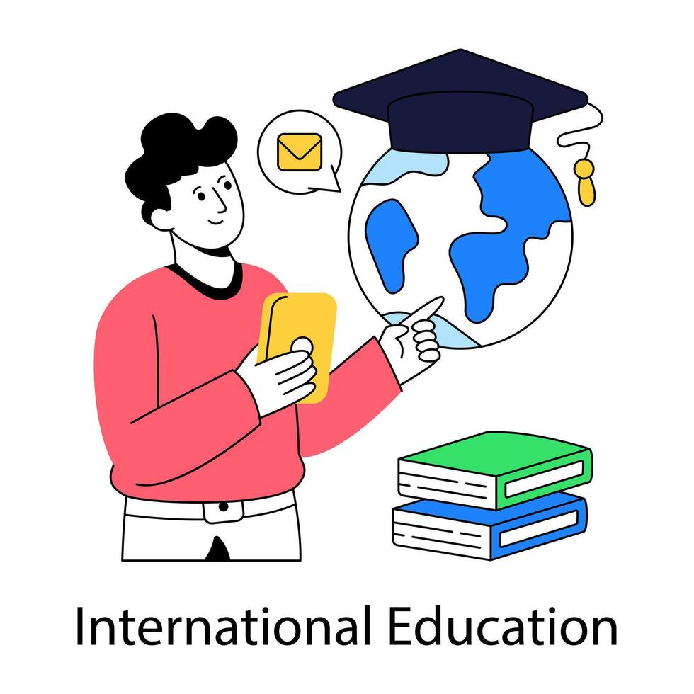 Globe with mortarboard, flat design of international education vector