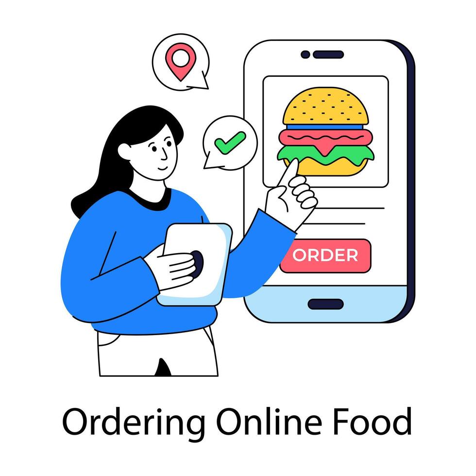 A flat design illustration of ordering burger online vector