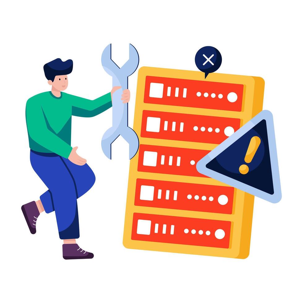 Db rack with wrench, illustration of fix server error vector