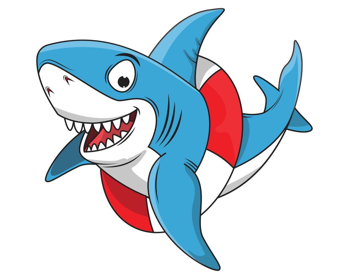 Happy Cute Blue Shark Cartoon Illustration vector