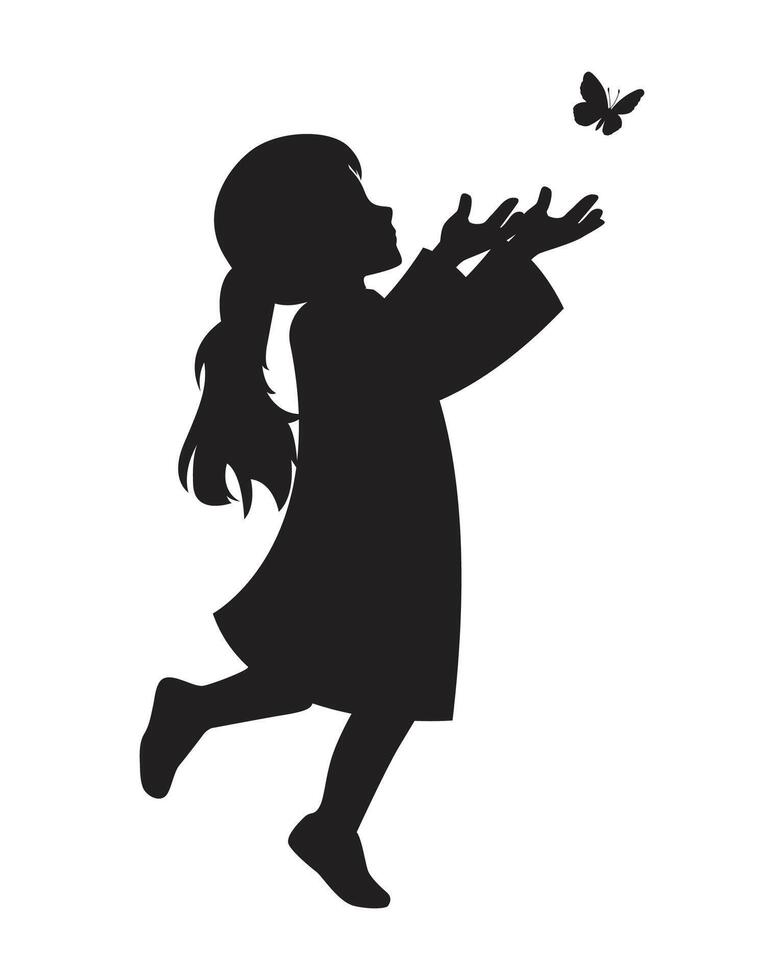 Adorable Silhouette of Girl Reaching Butterfly vector
