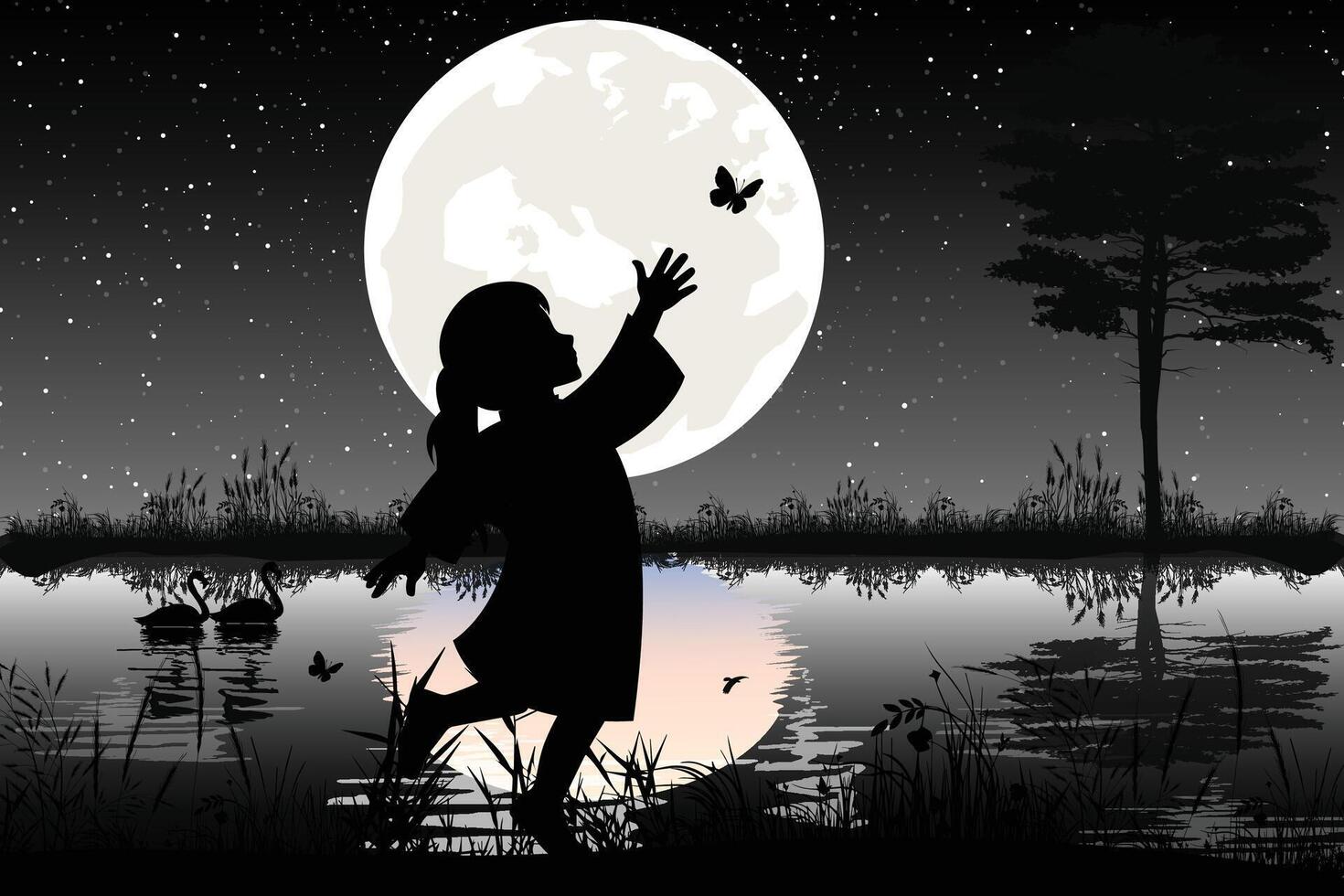 cute girl and moon silhouette illstrtion vector