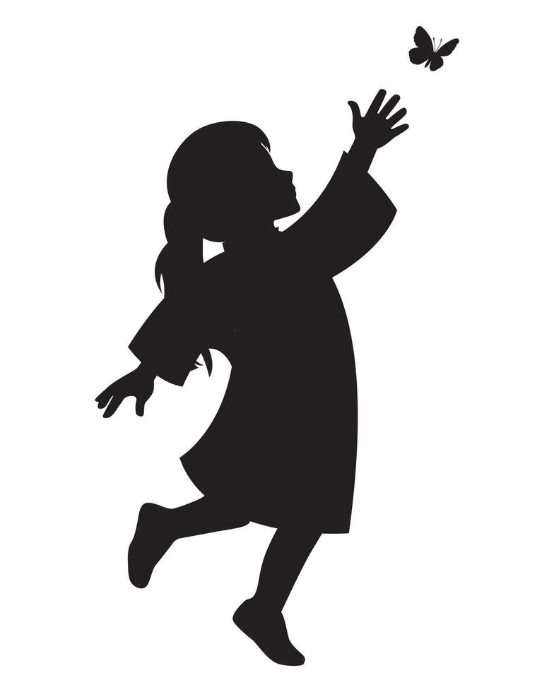 Happy Silhouette of Girl Reaching Butterfly vector