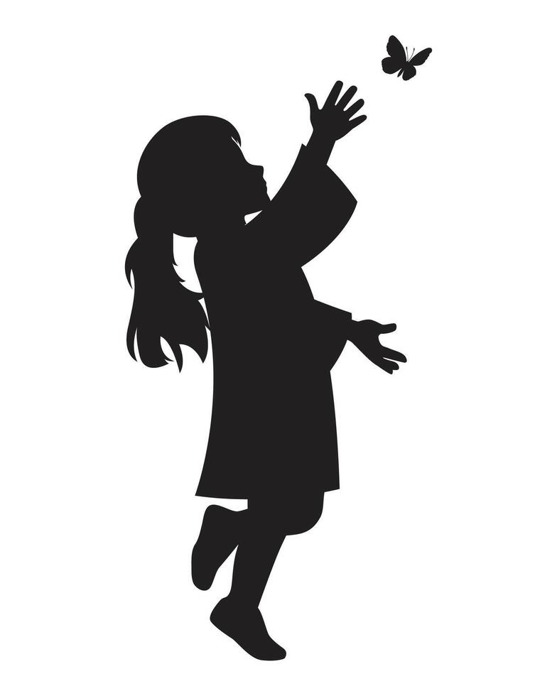 Funny Silhouette of Girl Reaching Butterfly Illustration vector