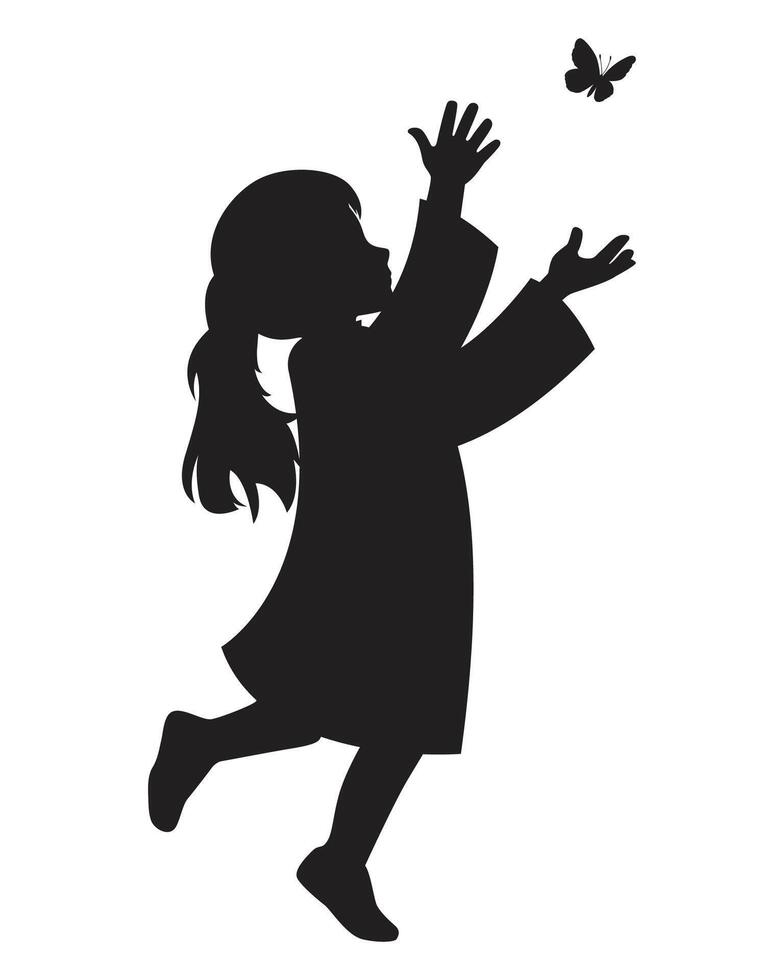 Funny Silhouette of Girl Reaching Butterfly vector