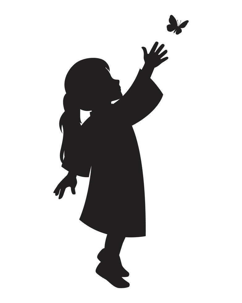 Happy Silhouette of Girl Reaching Butterfly Illustration vector