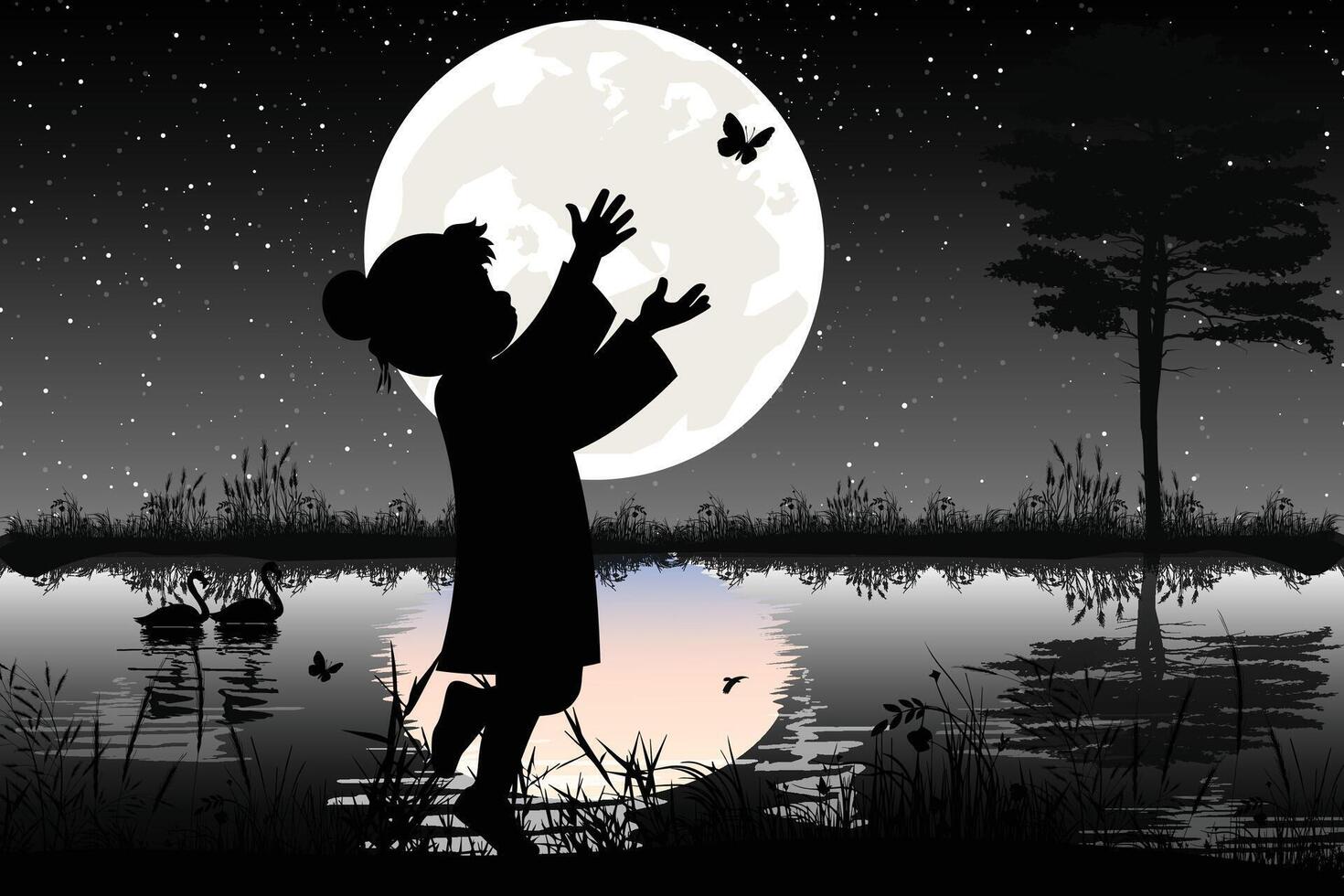 happy girl and moon silhouette vector
