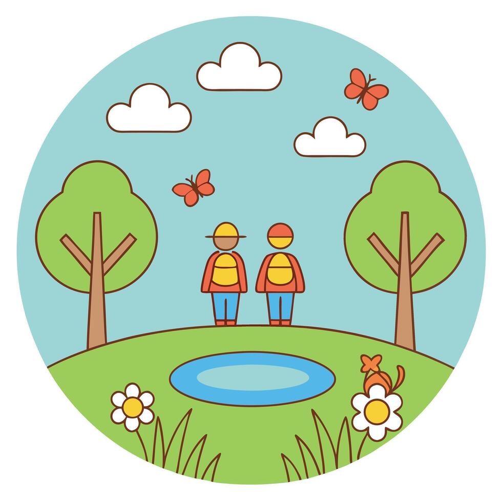 Cartoon Kids by Pond, Trees, Clouds, Flowers, and Butterflies on Isolated White vector