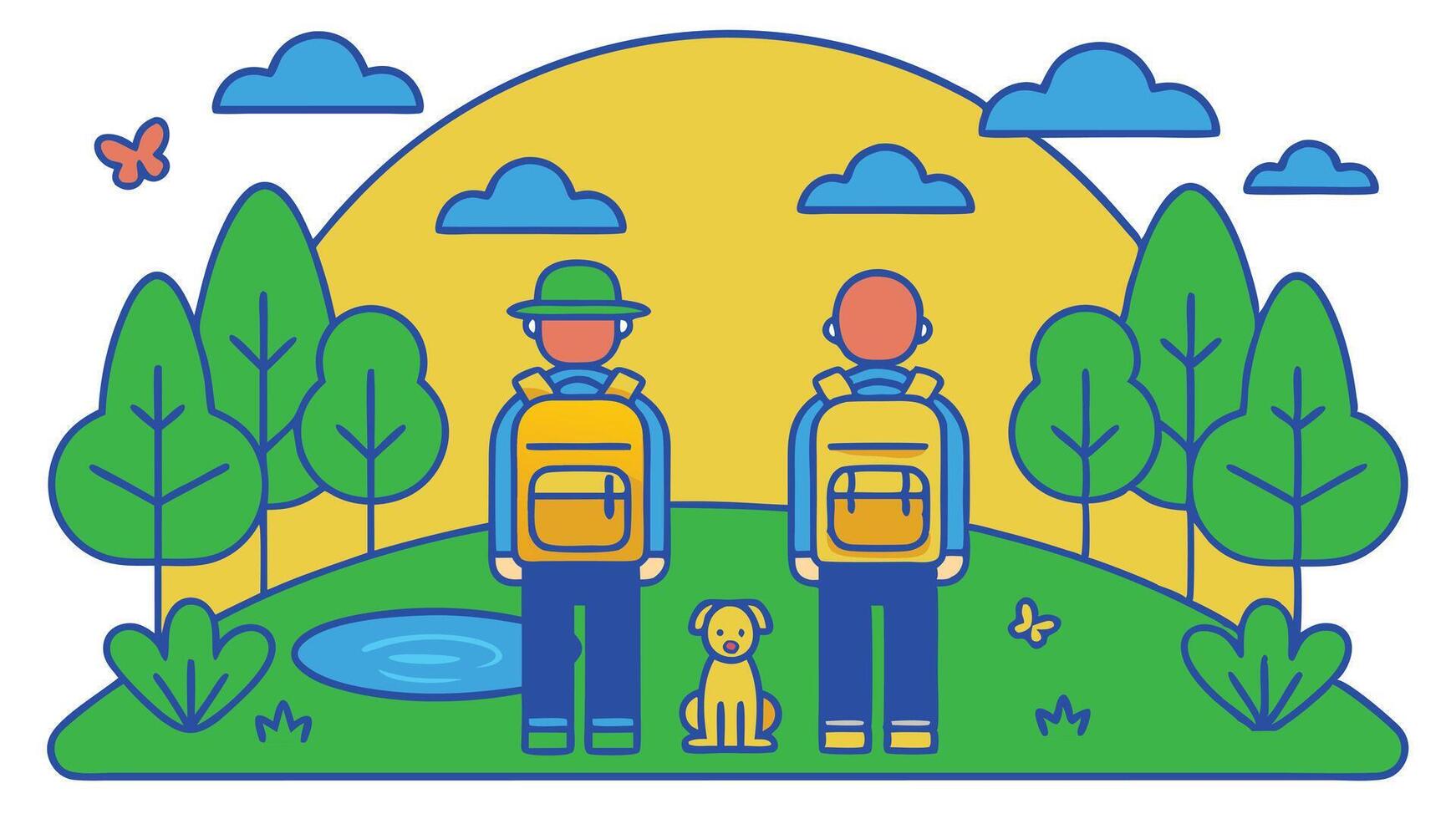 Cartoon Backpackers with Dog on Nature Hike, Yellow Hill and Blue Sky vector