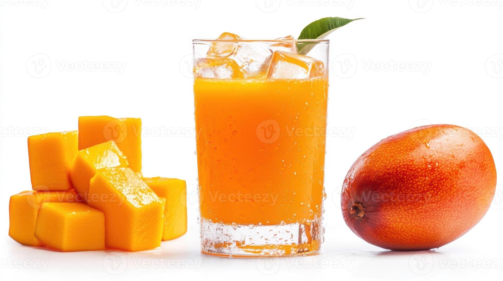 Mango juice with cubes and an orange photo