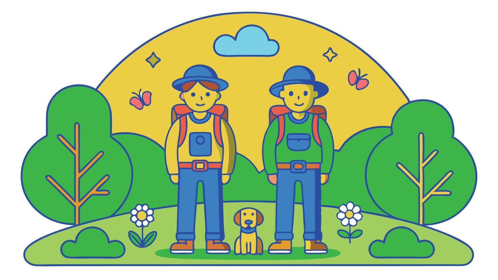 Colorful Cartoon Hikers with Backpacks,Dog,Trees,Cloud, Star in Outdoor Landscape vector