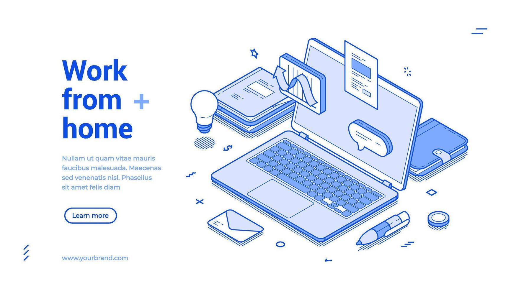 Work from home remotely office internet laptop web banner isometric illustration vector