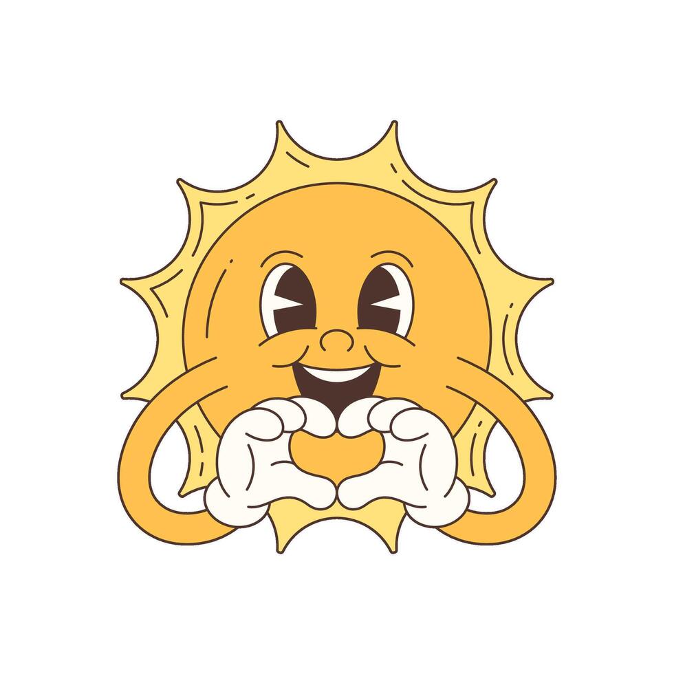 Cute Cartoon Smiling Sun Character Making Heart Shape With Hands In Art Style vector