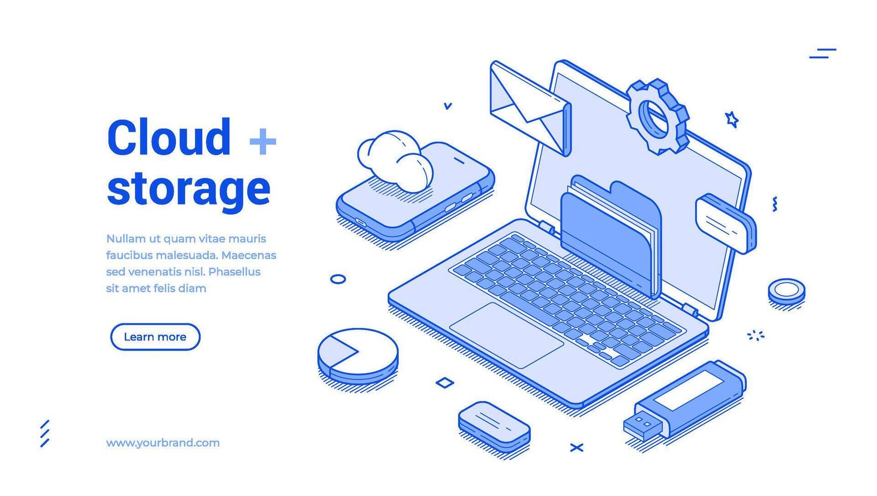 Computer cloud storage data center technology laptop smartphone web banner isometric vector