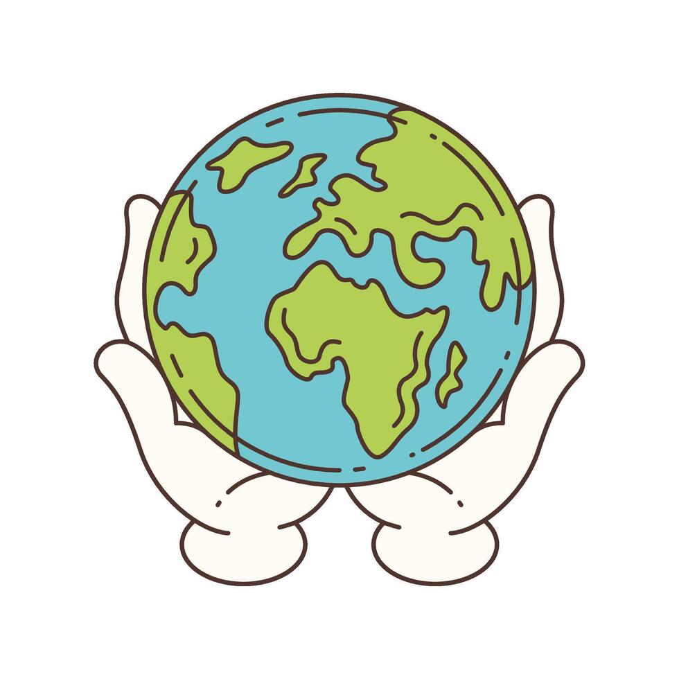 Mascot Hands Holding Planet Earth Globe in Cute Cartoon Art Illustration Style vector