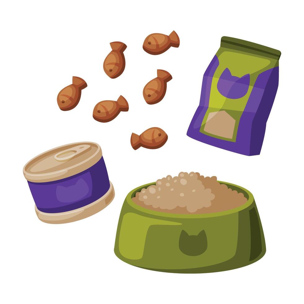 Cat Food Set, Pet Animal Dried, Canned Food Packaging and Bowl Cartoon Style Illustration on White Background vector