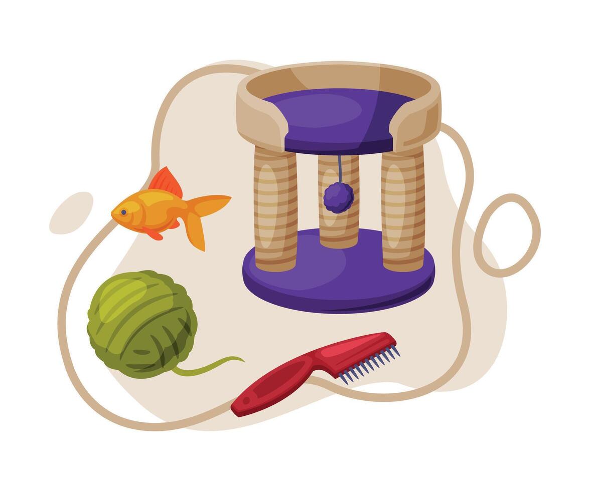 Cat Accessories Set, Pet Animal Stuff, Cat House with Scratching Posts, Pet Brush, Toys Cartoon Style Illustration vector