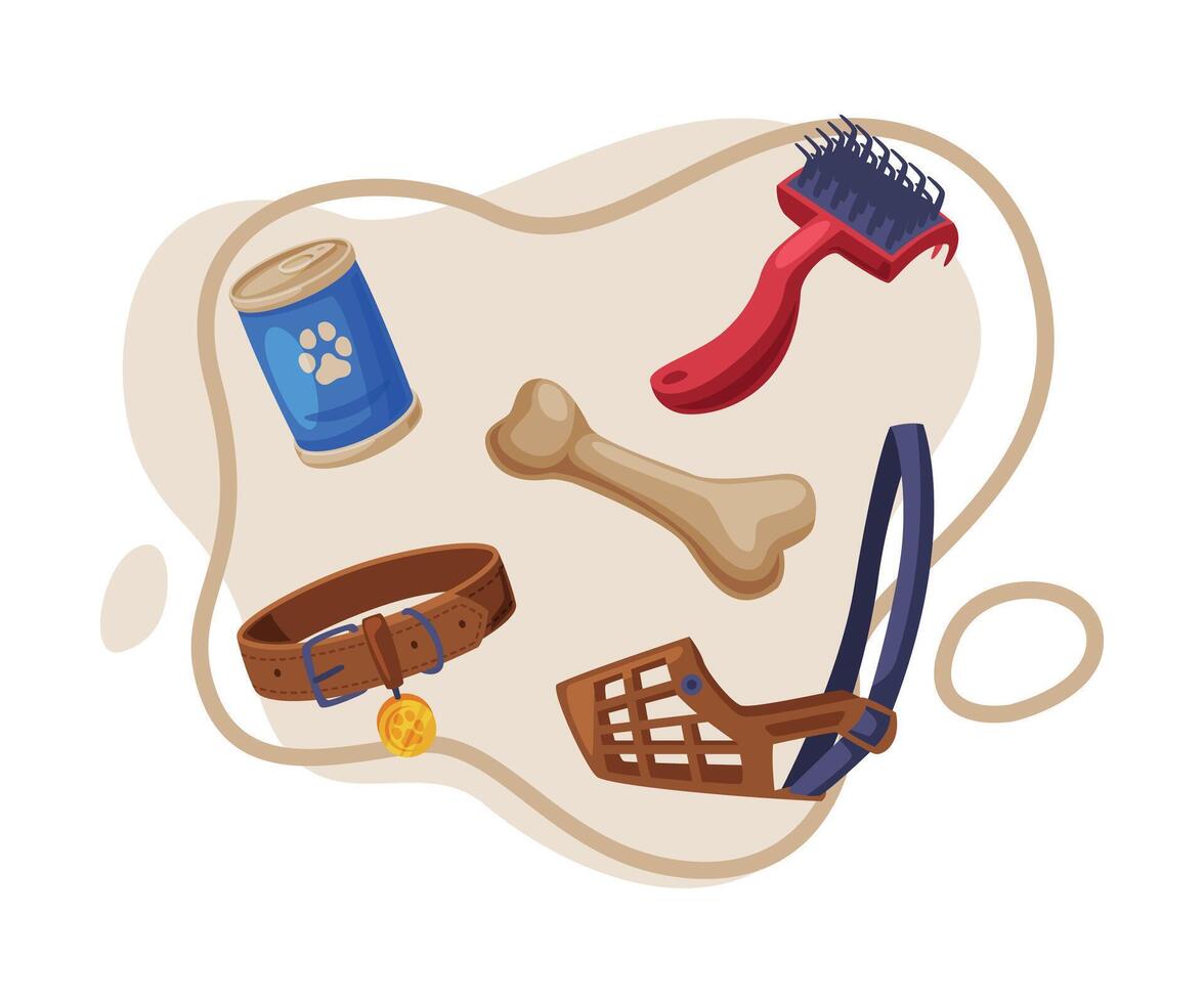 Dog Accessories Set, Pet Animal Stuff, Leather Dog Muzzle, Collar, Canned Food, Bone Cartoon Style Illustration vector