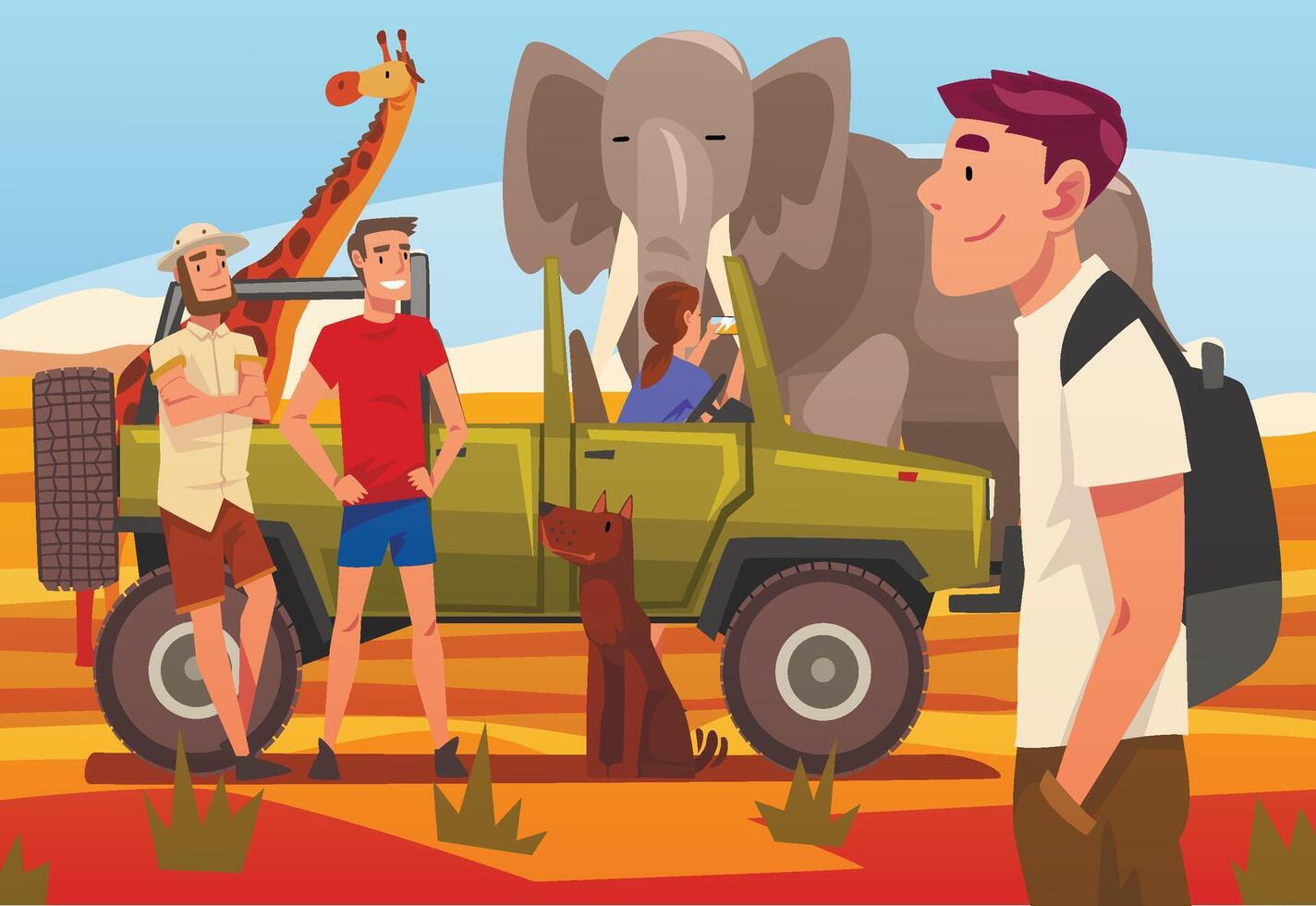 African Safari Travel, Tourists in Jeep Watching and Taking Photos of Wild Animals in Savanna Cartoon Illustration vector