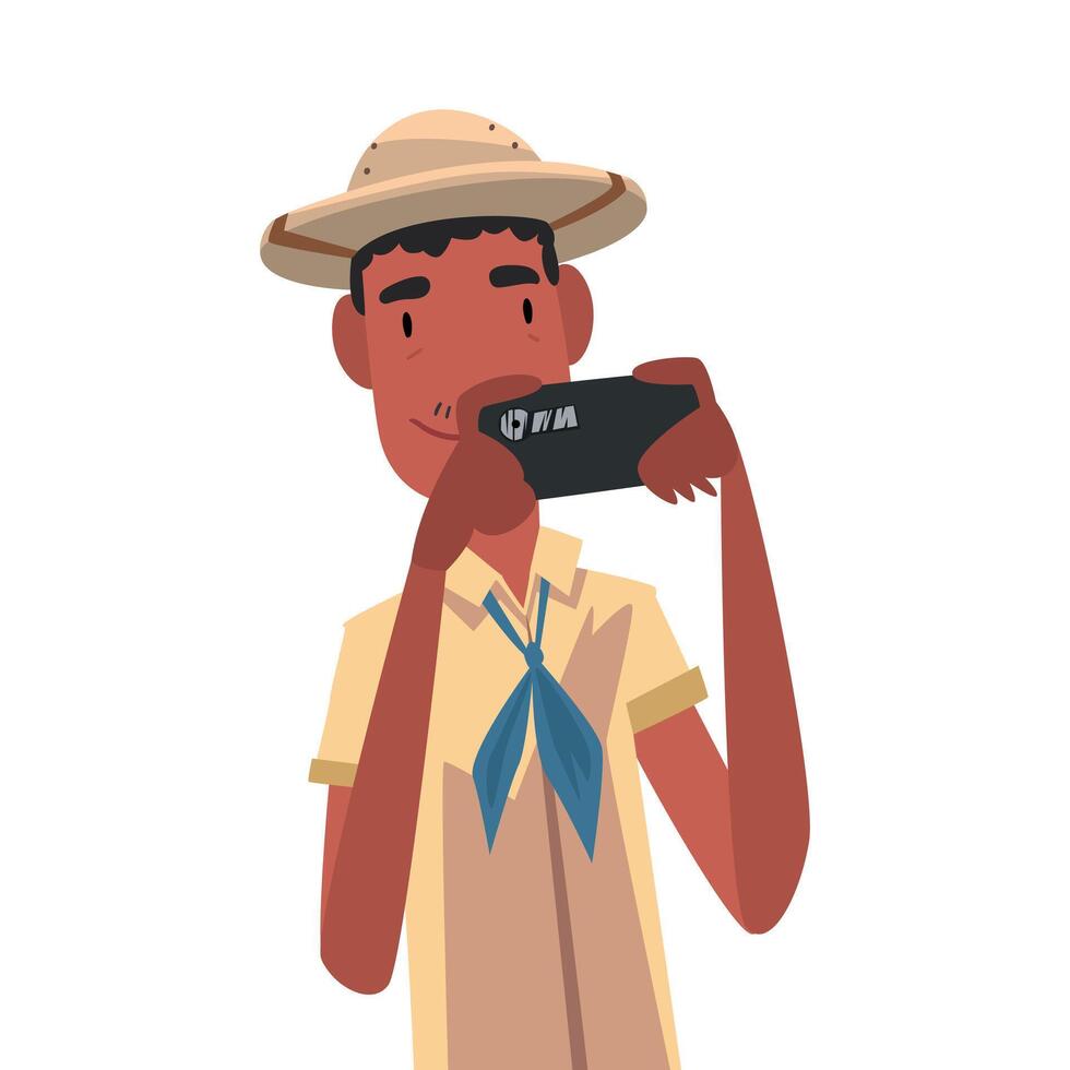 Male Tourist Wearing Safari Outfit Taking Photo with Camera, African Safari Travel Cartoon Illustration on White Background vector