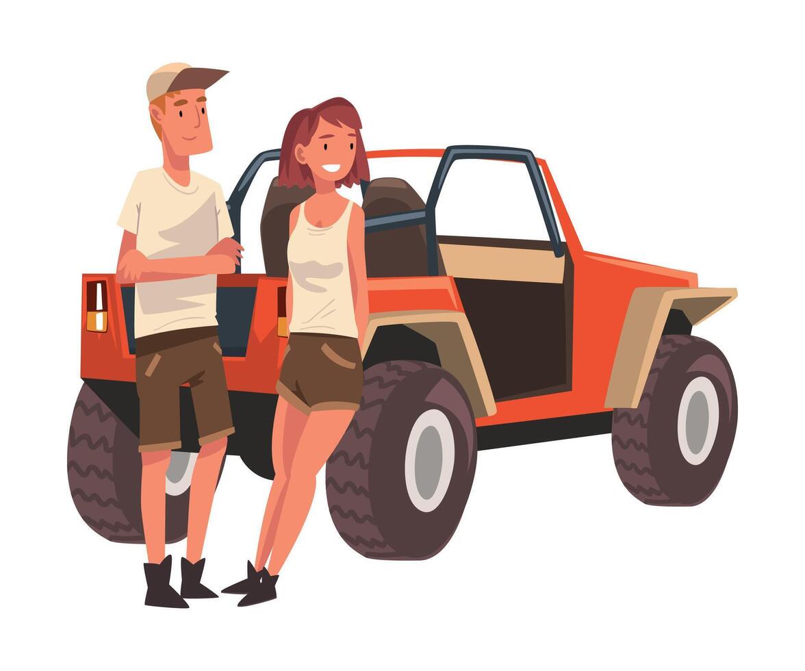 Couple of Travellers Standing in front of Jeep Car SUV, African Safari Travel, Male and Female Tourists Exploring Fauna of Savanna Cartoon Illustration vector