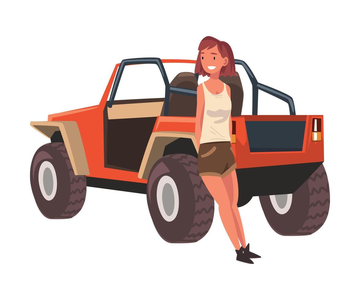 Young Woman Standing in front of Jeep Car SUV, African Safari Travel, Tourist Girl Exploring Fauna of Savanna Cartoon Illustration vector