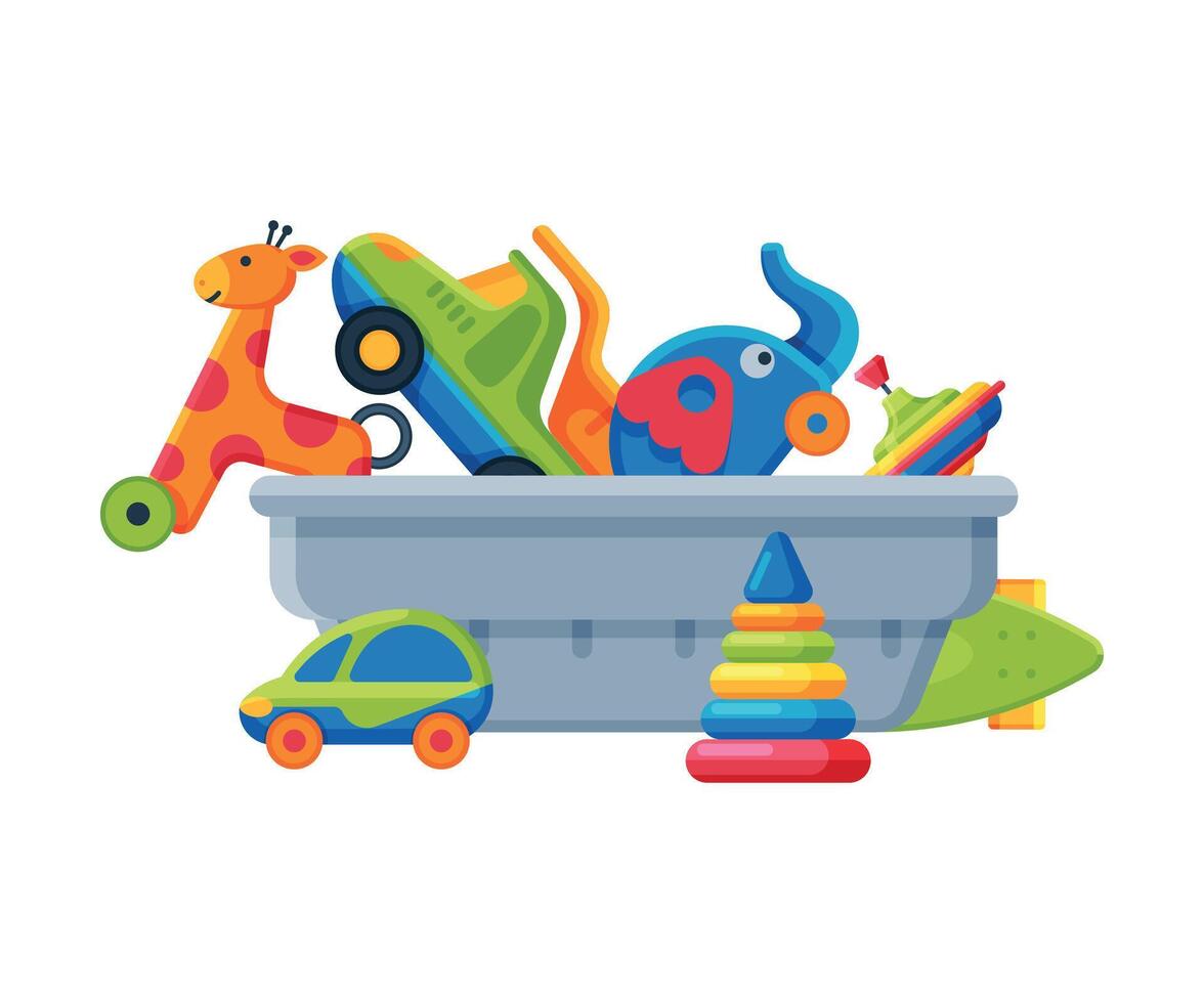 Box with Various Colorful Toys, Plastic Container with Toy Truck, Giraffe, Elephant, Pyramid, Ball, Car Flat Illustration vector