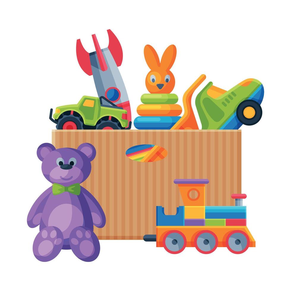 Box with Various Colorful Toys, Paper Container with Train, Teddy Bear, Truck, Pyramid Flat Illustration vector
