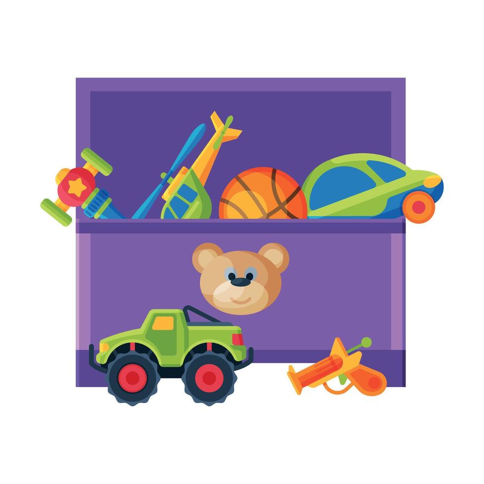 Box with Various Colorful Toys, Plastic Container with Helicopter, Ball, Car, Gun Flat Illustration vector