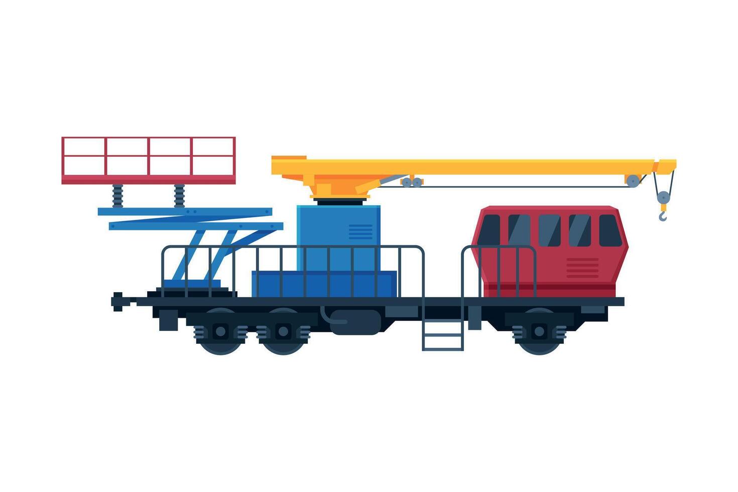 Freight Train, Railway Crane Mechanism for Lifting and Moving Cargo, Railroad Transportation Flat Illustration on White Background vector