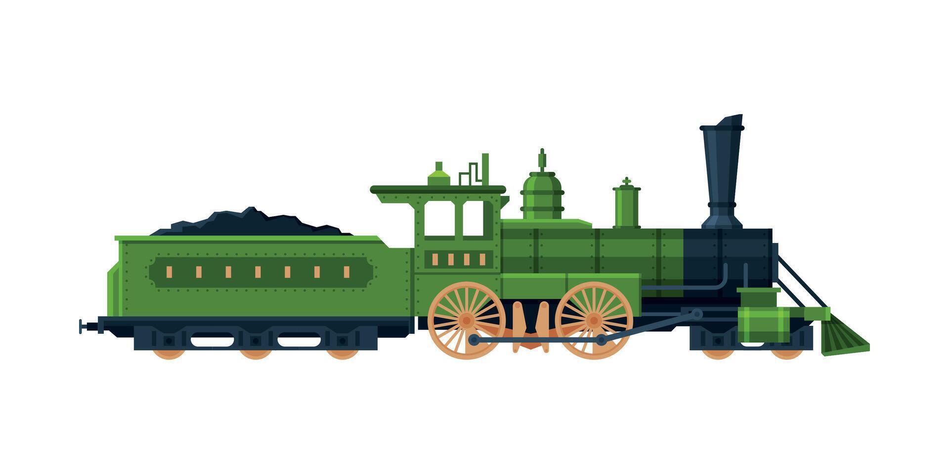 Old Train, Vintage Locomotive and Cargo Wagon Loadedwith Coal, Railroad Transportation Flat Illustration on White Background vector