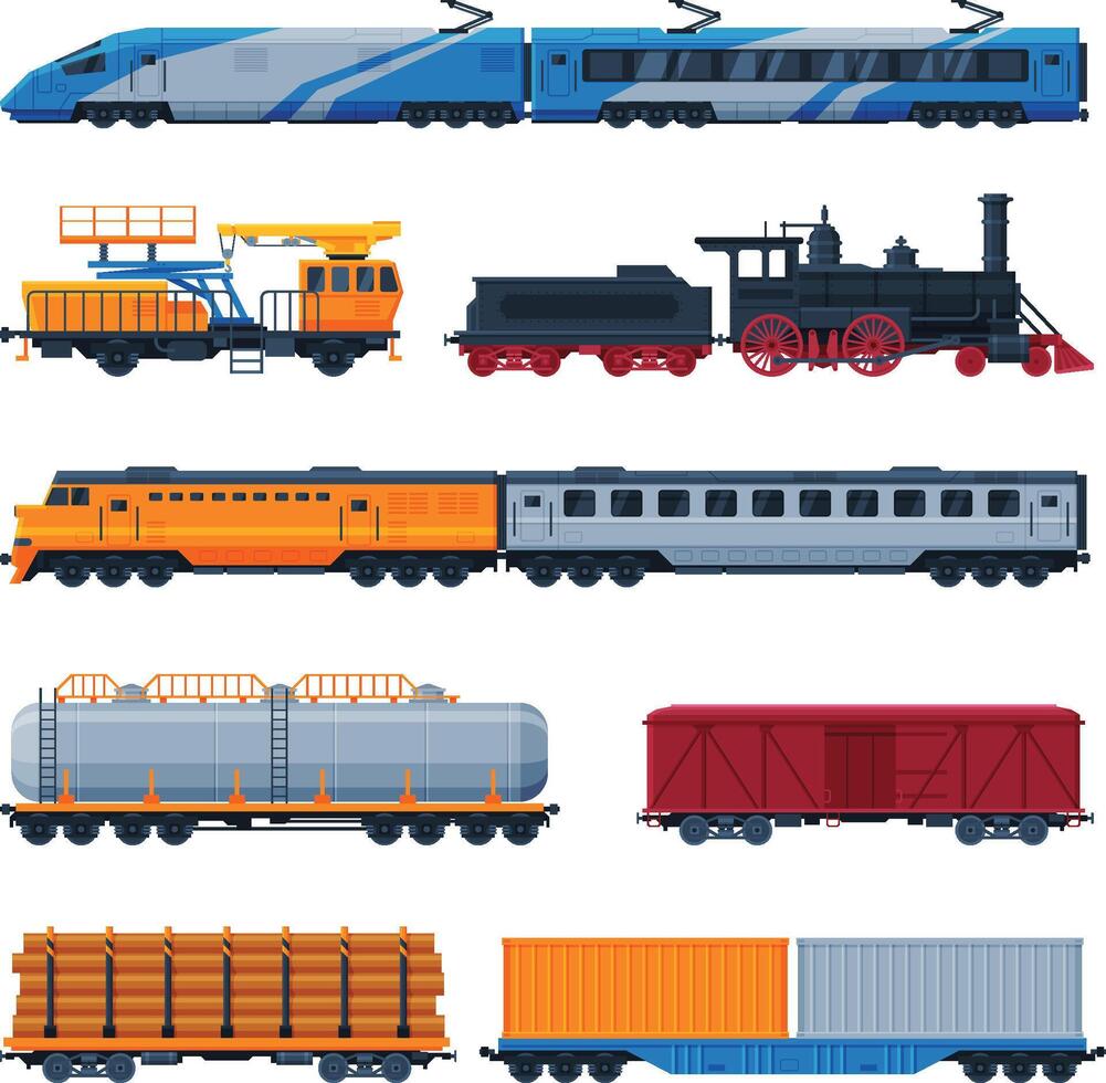Trains Collection, Side View of Passenger and Cargo Wagons, Railroad Transportation Flat Illustration on White Background vector