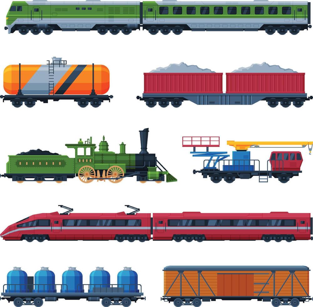 Modern and Old Trains Collection, Side View of Passenger and Cargo Wagons, Railroad Transportation Flat Illustration on White Background vector