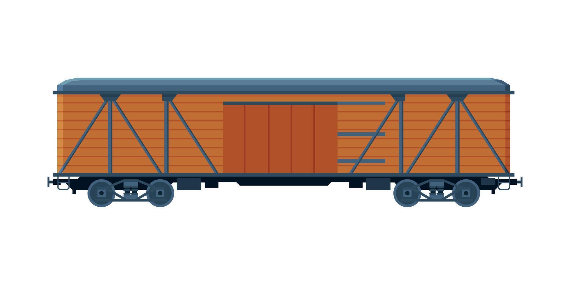 Old Wooden Cargo Train Wagon, Railroad Transportation Flat Illustration on White Background vector