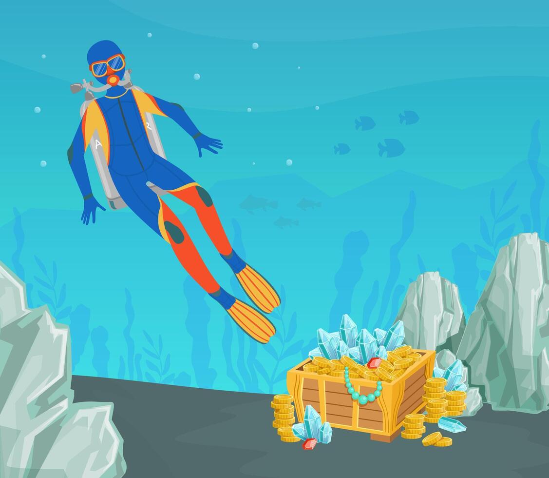 Scuba Diver Found Open Treasure Chest of Gold at the Bottom of the Sea, Lost Pirate Treasures Cartoon Illustration vector