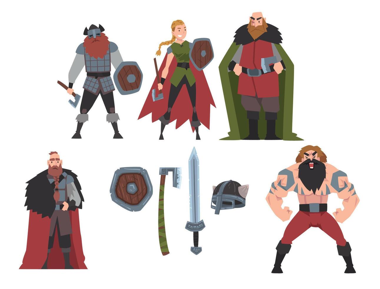 Strong Brave Vikings Collection, Male and Female Scandinavian Warriors Characters in Traditional Clothes with Weapon Illustration vector