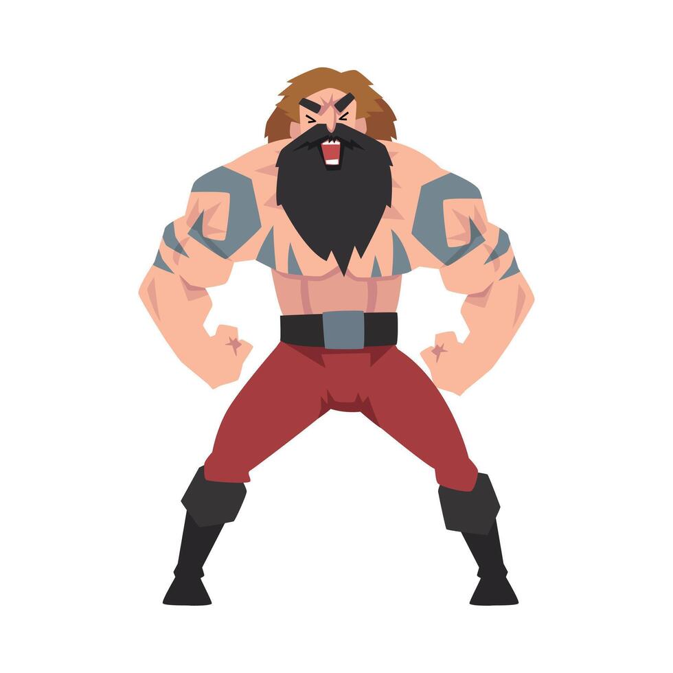 Strong Muscular Viking, Angry Male Warrior Character with Bare Chest Illustration vector