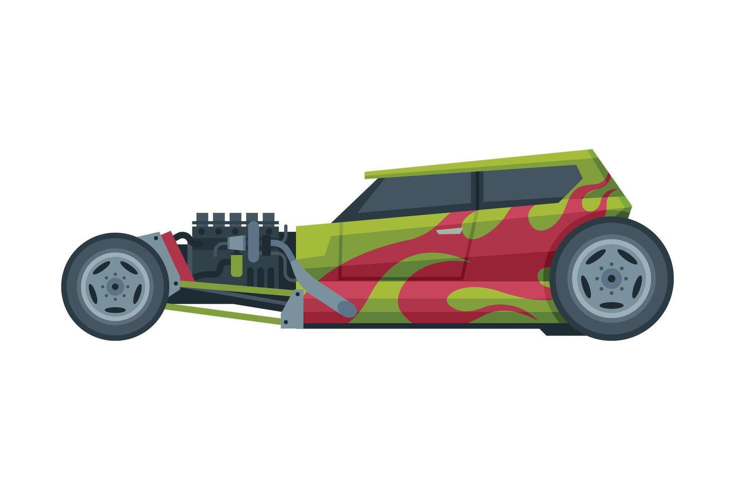 Retro Style Hot Rod Race Car, Old Sports Green and Red Vehicle Illustration on White Background vector