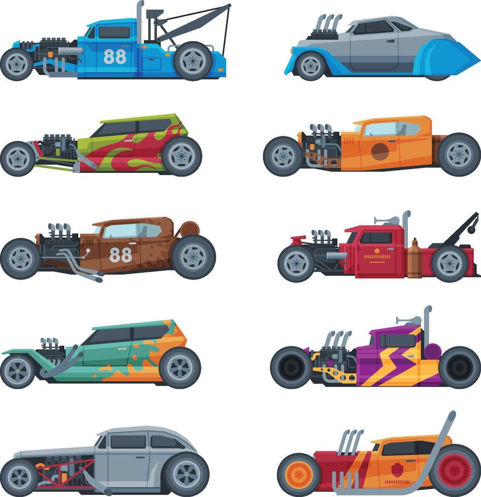 Retro Style Hot Rod Race Cars, Old Sports Automobiles Illustration on White Background vector