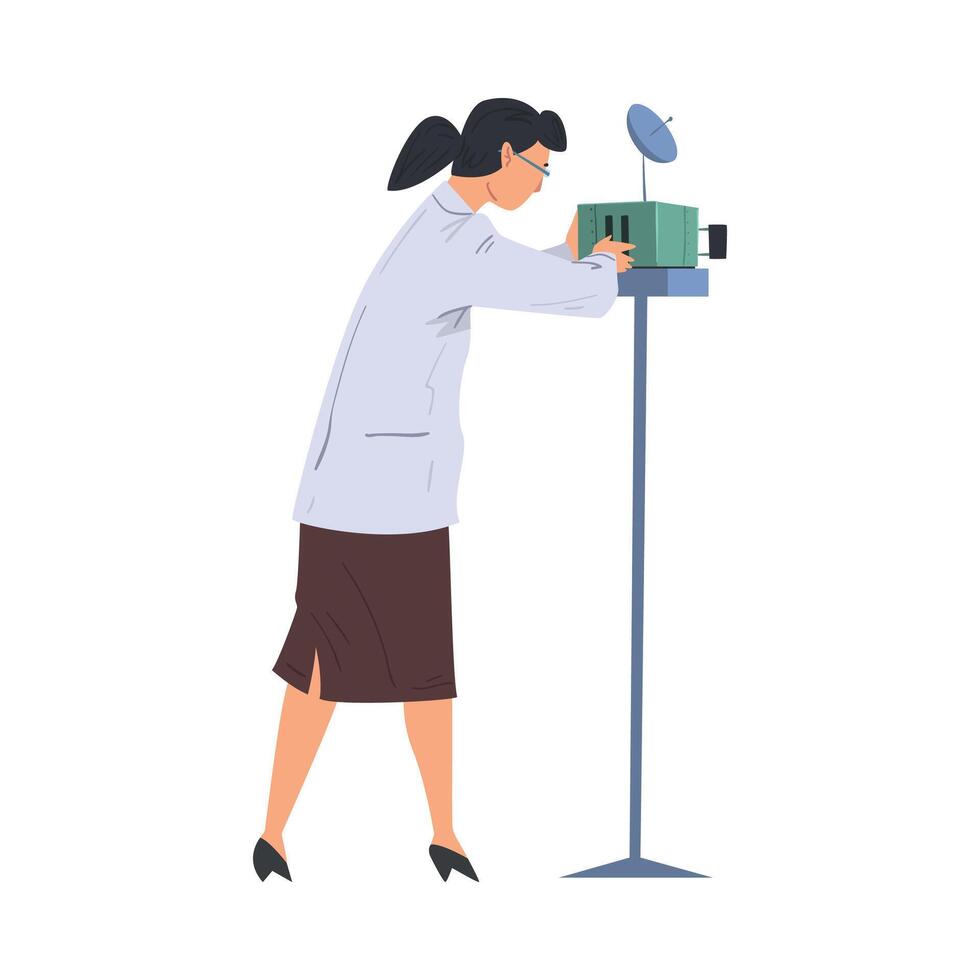 Scientist in Lab, Woman in White Coat Doing Scientific Experiment with Laboratory Equipment Illustration on White Background vector