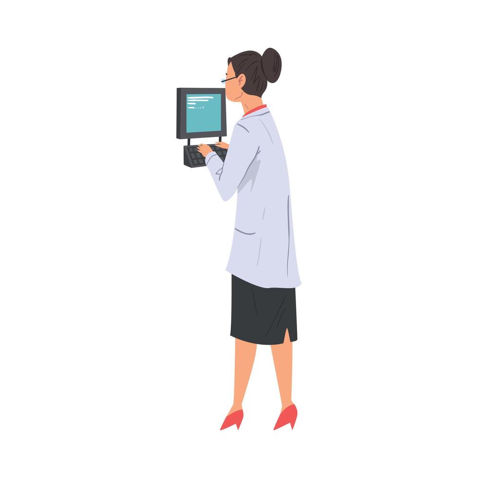 Scientist in Lab, Woman in White Coat Doing Scientifical Researches with Laboratory Equipment Illustration on White Background vector