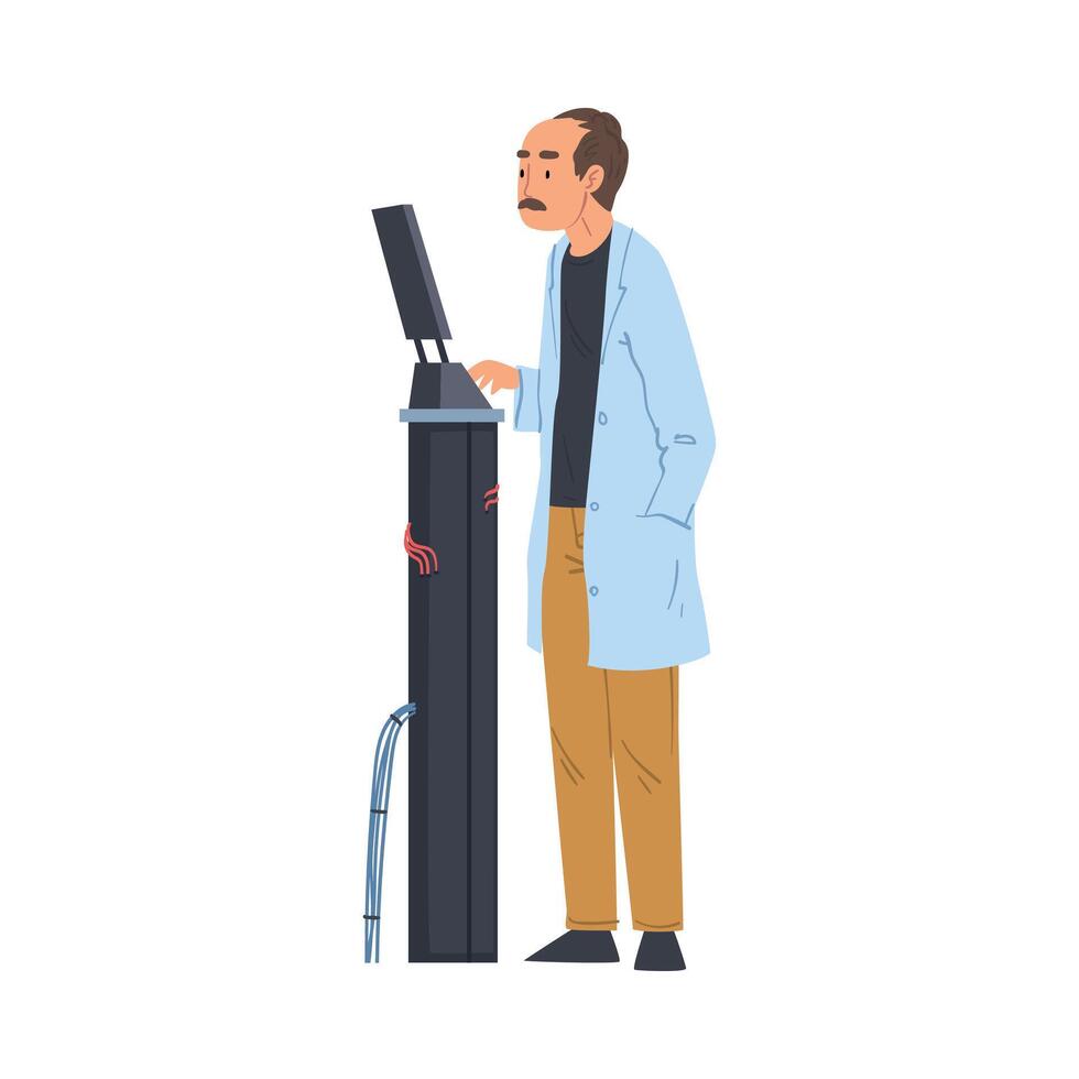 Male Scientist, Engineer or Programmer in White Coat Doing Researches with Laboratory Equipment in Science Lab Illustration on White Background vector