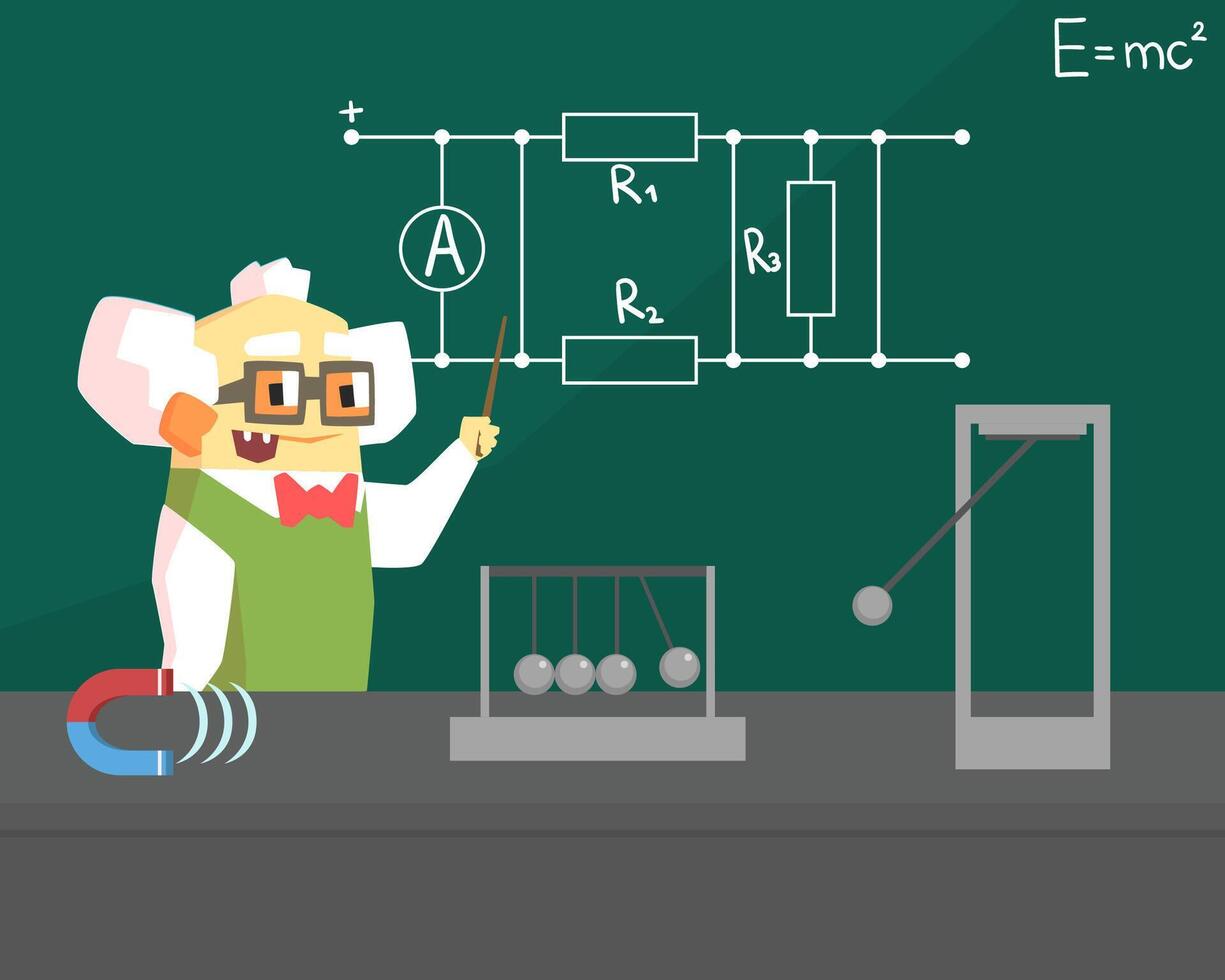 Old Physicist Scientist Character, Professor Standing in front of Blackboard Illustration vector
