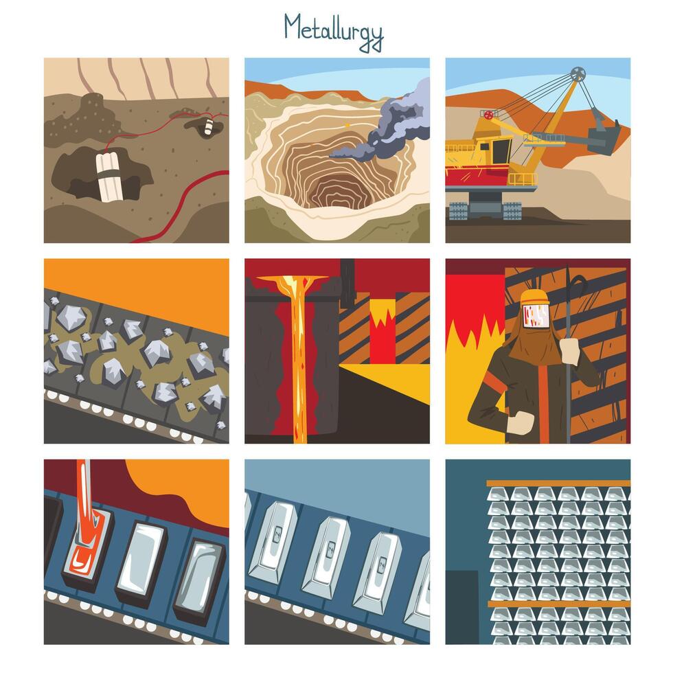 Metallurgical Industry Concept Set, Steel and Alloys Production, Mining and Metal Extraction Illustration vector